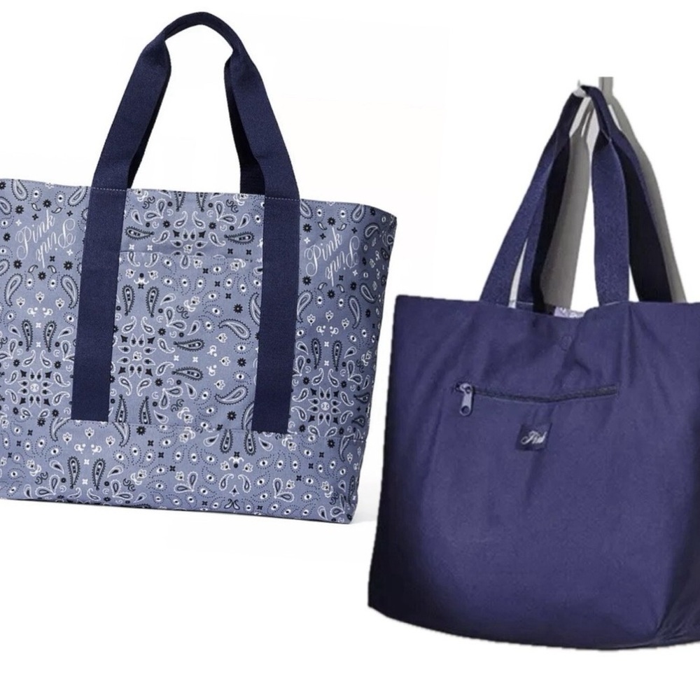 Pink Victoria Secret Blue Paisley Bandana Reversible Canvas Tote Bag